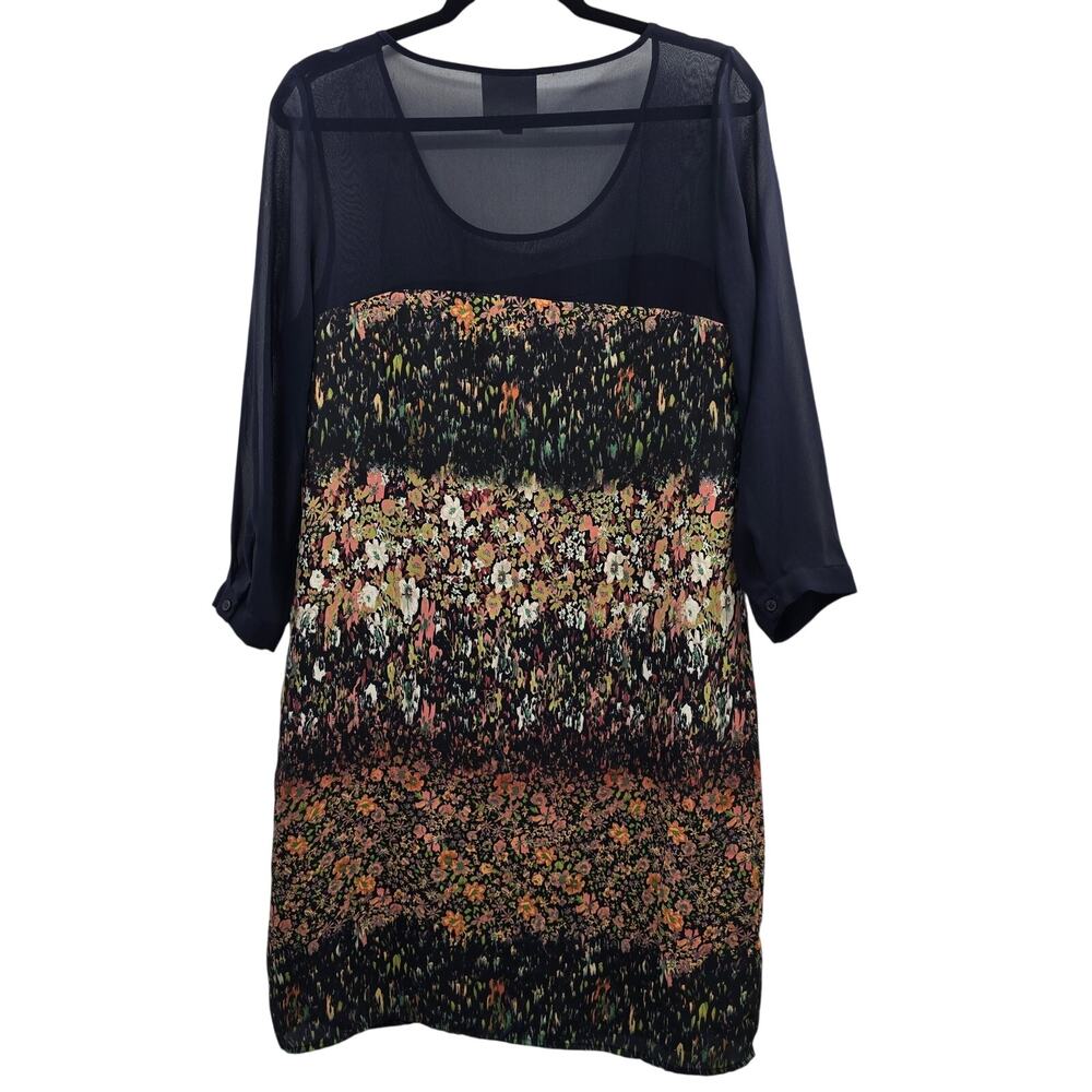 Anthropologie Maeve Dress Medium Blue Floral Print Sheer Sleeve Tunic Boho Chic